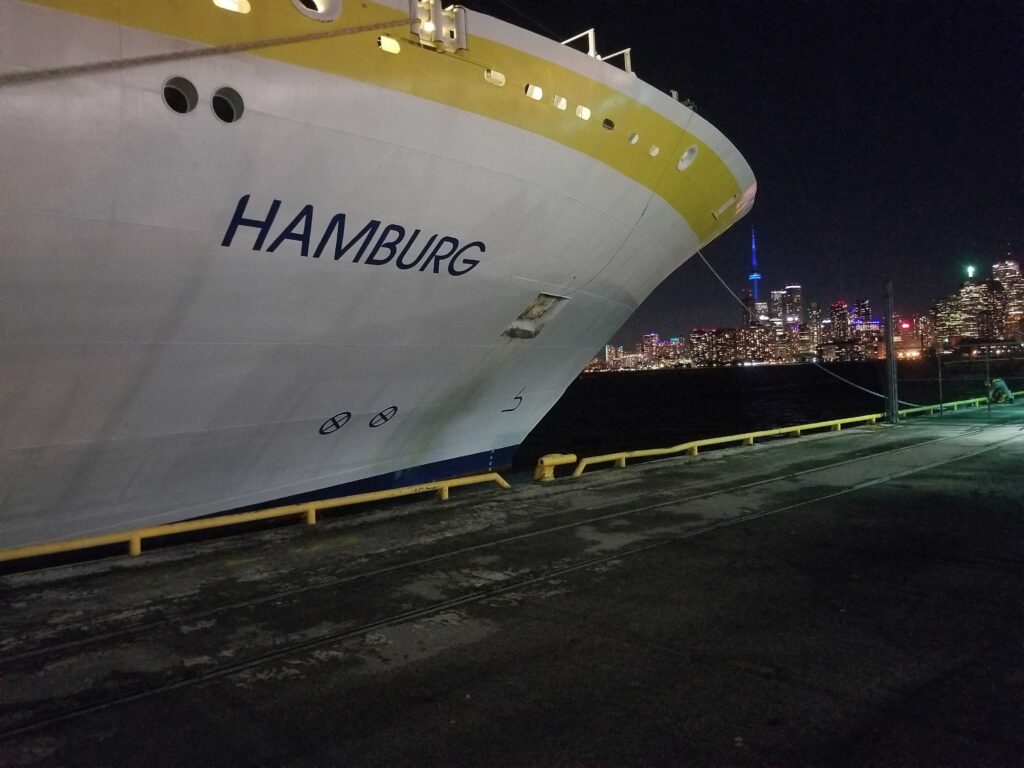 Cruise ship at port at night