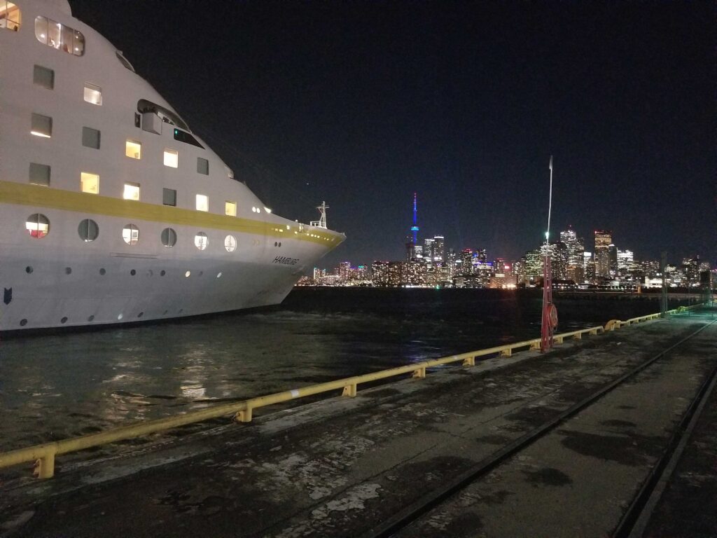 Cruise ship at port at night