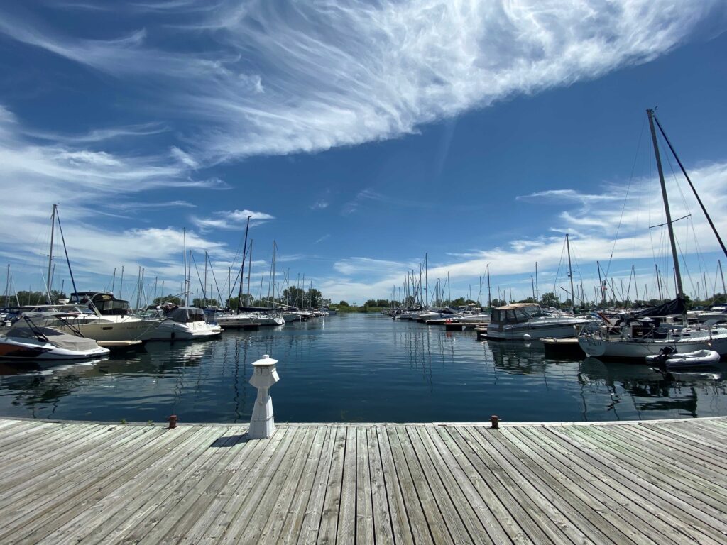 Looking down the rows of boats at the marina