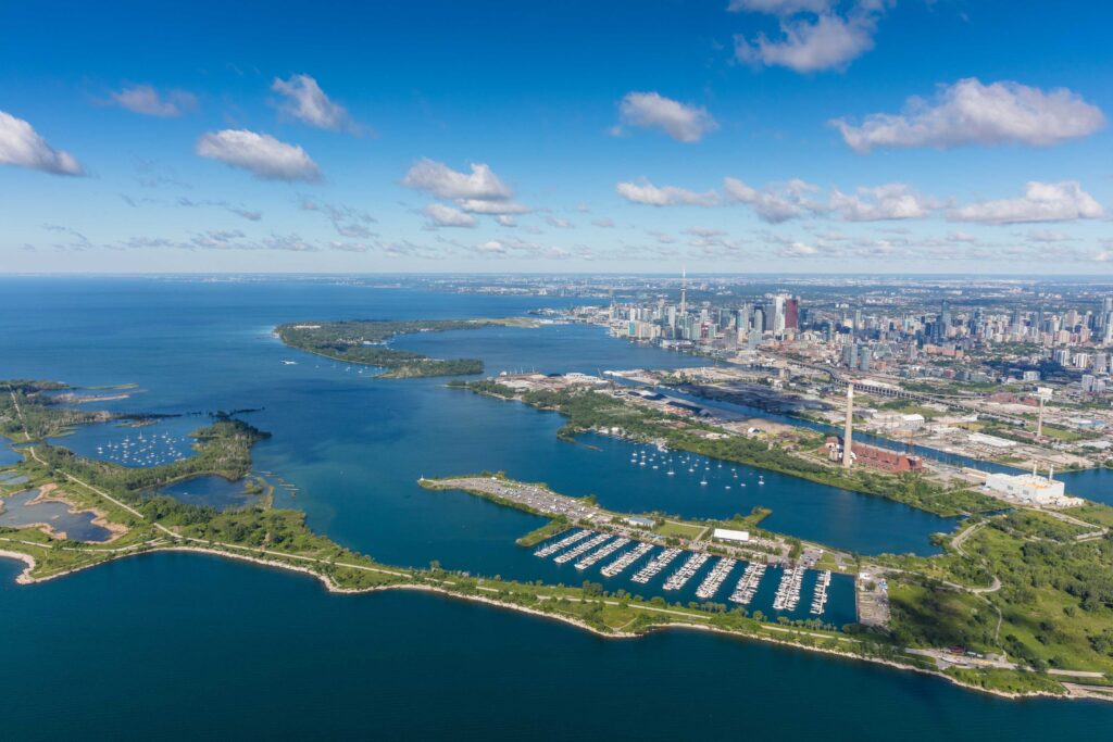 Aerial photo of the marina with the city in the background