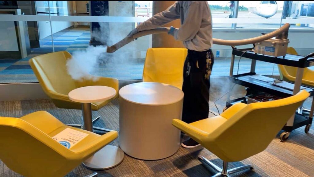 Seating being disinfected at the airport