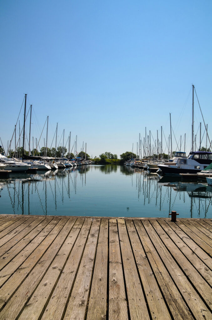 Looking down the rows of boats at the marina