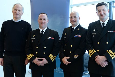 On Sunday, February 8, PortsToronto CEO Geoffrey Wilson welcomed Commander Jason Armstrong, Commanding Officer Her Majesty’s Canadian Ship (HMCS) Toronto, along with his Lieutenant Commander, Sheldon Gillis, and Chief Petty Officer First Class, Gilles Grégoire, to Billy Bishop Toronto City Airport. The visit to the airport served as the company’s final stop in their namesake tour of Toronto following their ship’s return from a seven-month mission oversees in the Mediterranean and Black Seas. During his visit to Billy Bishop Airport, Commander Armstrong also took the helm of the airport’s Marilyn Bell ferry, expertly transporting passengers across the Western Gap.